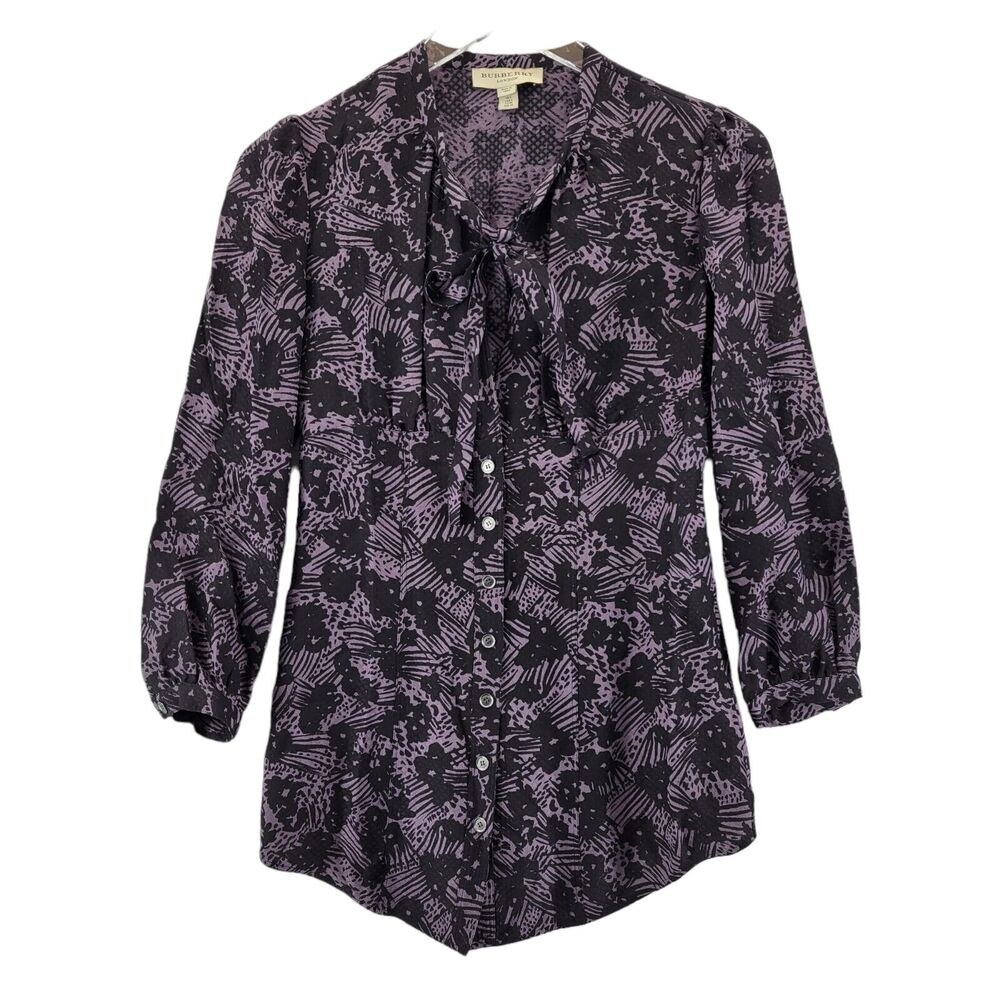 Burberry London Womens Silk Blend Blouse Size 4 US Purple Black Print Needs TLC